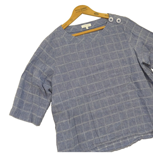 Habitat Linen Blend Boat Neck Top Size L Blue Check Nautical Half Sleeve - Picture 3 of 8